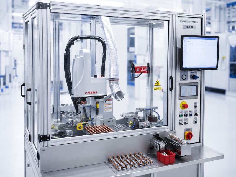 ULR - Zrobotyzowane stanowisko produkcyjne od NEOTECH www.neotech.pl/maszyny/ Automatyczne Gniazdo Wykończeniowe, Zrobotyzowane stanowisko produkcyjne Strefa pracy robota SCARA, podajników, topnikowania, cynowania i pomiaru Czteroosiowy robot SCARA Yamaha z chwytakiem pneumatycznym i silnikiem obrotowym na stanowisku roboczym ULR Stacja cynowania wysokotemperaturowego: Stacja cynowania cewek ULR z tyglem o pojemności 6400 g i mocy 1200 W, generującym temperaturę lutowania do 600 stopni Celsjusza Stacja taśmowania uzwojeń, wrapping: Moduł automatycznego taśmowania uzwojeń cewki z chwytakiem taśmy izolacyjnej, prowadnicą z regulacją szerokości oraz nożem tnącym. Stacja pomiaru elektrycznego, strefa QC: Stacja kontroli jakości cewek ze sprzęgami pomiarowymi sterowanymi pneumatycznie, zintegrowana z testerem elektrycznym Szafa sterownicza i pneumatyczna: Otwarta szafa sterownicza maszyny ULR-02 z zainstalowanym sterownikiem przemysłowym Omron PLC, modułami bezpieczeństwa i wyspą zaworową Panel operatorski HMI, ekran główny: Ekran dotykowy panelu HMI NEOTECH do obsługi, edycji parametrów technologicznych i diagnostyki pracy zrobotyzowanej maszyny ULR-02 W bezpiecznej, zamkniętej obudowie ochronnej z kolumną sygnalizacyjną i panelem HMI