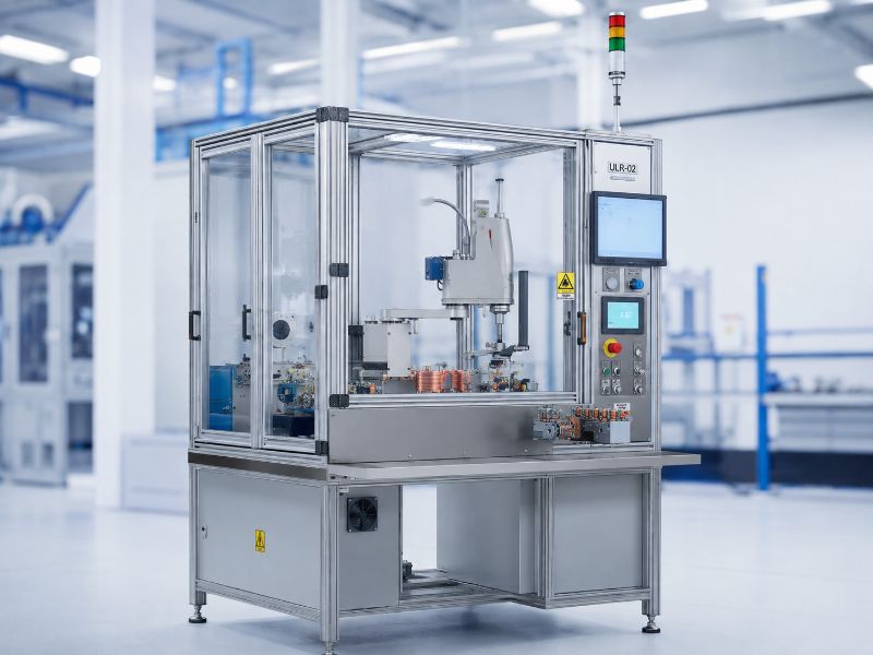 ULR - Zrobotyzowane stanowisko produkcyjne od NEOTECH www.neotech.pl/maszyny/ Automatyczne Gniazdo Wykończeniowe, Zrobotyzowane stanowisko produkcyjne Strefa pracy robota SCARA, podajników, topnikowania, cynowania i pomiaru Czteroosiowy robot SCARA Yamaha z chwytakiem pneumatycznym i silnikiem obrotowym na stanowisku roboczym ULR Stacja cynowania wysokotemperaturowego: Stacja cynowania cewek ULR z tyglem o pojemności 6400 g i mocy 1200 W, generującym temperaturę lutowania do 600 stopni Celsjusza Stacja taśmowania uzwojeń, wrapping: Moduł automatycznego taśmowania uzwojeń cewki z chwytakiem taśmy izolacyjnej, prowadnicą z regulacją szerokości oraz nożem tnącym. Stacja pomiaru elektrycznego, strefa QC: Stacja kontroli jakości cewek ze sprzęgami pomiarowymi sterowanymi pneumatycznie, zintegrowana z testerem elektrycznym Szafa sterownicza i pneumatyczna: Otwarta szafa sterownicza maszyny ULR-02 z zainstalowanym sterownikiem przemysłowym Omron PLC, modułami bezpieczeństwa i wyspą zaworową Panel operatorski HMI, ekran główny: Ekran dotykowy panelu HMI NEOTECH do obsługi, edycji parametrów technologicznych i diagnostyki pracy zrobotyzowanej maszyny ULR-02 W bezpiecznej, zamkniętej obudowie ochronnej z kolumną sygnalizacyjną i panelem HMI