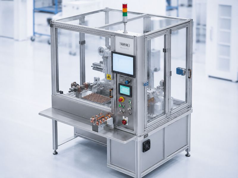 ULR - Zrobotyzowane stanowisko produkcyjne od NEOTECH www.neotech.pl/maszyny/ Automatyczne Gniazdo Wykończeniowe, Zrobotyzowane stanowisko produkcyjne Strefa pracy robota SCARA, podajników, topnikowania, cynowania i pomiaru Czteroosiowy robot SCARA Yamaha z chwytakiem pneumatycznym i silnikiem obrotowym na stanowisku roboczym ULR Stacja cynowania wysokotemperaturowego: Stacja cynowania cewek ULR z tyglem o pojemności 6400 g i mocy 1200 W, generującym temperaturę lutowania do 600 stopni Celsjusza Stacja taśmowania uzwojeń, wrapping: Moduł automatycznego taśmowania uzwojeń cewki z chwytakiem taśmy izolacyjnej, prowadnicą z regulacją szerokości oraz nożem tnącym. Stacja pomiaru elektrycznego, strefa QC: Stacja kontroli jakości cewek ze sprzęgami pomiarowymi sterowanymi pneumatycznie, zintegrowana z testerem elektrycznym Szafa sterownicza i pneumatyczna: Otwarta szafa sterownicza maszyny ULR-02 z zainstalowanym sterownikiem przemysłowym Omron PLC, modułami bezpieczeństwa i wyspą zaworową Panel operatorski HMI, ekran główny: Ekran dotykowy panelu HMI NEOTECH do obsługi, edycji parametrów technologicznych i diagnostyki pracy zrobotyzowanej maszyny ULR-02 W bezpiecznej, zamkniętej obudowie ochronnej z kolumną sygnalizacyjną i panelem HMI