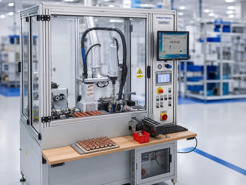 ULR - Zrobotyzowane stanowisko produkcyjne od NEOTECH www.neotech.pl/maszyny/ Automatyczne Gniazdo Wykończeniowe, Zrobotyzowane stanowisko produkcyjne Strefa pracy robota SCARA, podajników, topnikowania, cynowania i pomiaru Czteroosiowy robot SCARA Yamaha z chwytakiem pneumatycznym i silnikiem obrotowym na stanowisku roboczym ULR Stacja cynowania wysokotemperaturowego: Stacja cynowania cewek ULR z tyglem o pojemności 6400 g i mocy 1200 W, generującym temperaturę lutowania do 600 stopni Celsjusza Stacja taśmowania uzwojeń, wrapping: Moduł automatycznego taśmowania uzwojeń cewki z chwytakiem taśmy izolacyjnej, prowadnicą z regulacją szerokości oraz nożem tnącym. Stacja pomiaru elektrycznego, strefa QC: Stacja kontroli jakości cewek ze sprzęgami pomiarowymi sterowanymi pneumatycznie, zintegrowana z testerem elektrycznym Szafa sterownicza i pneumatyczna: Otwarta szafa sterownicza maszyny ULR-02 z zainstalowanym sterownikiem przemysłowym Omron PLC, modułami bezpieczeństwa i wyspą zaworową Panel operatorski HMI, ekran główny: Ekran dotykowy panelu HMI NEOTECH do obsługi, edycji parametrów technologicznych i diagnostyki pracy zrobotyzowanej maszyny ULR-02 W bezpiecznej, zamkniętej obudowie ochronnej z kolumną sygnalizacyjną i panelem HMI
