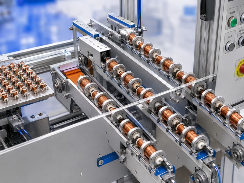 ULR - Zrobotyzowane stanowisko produkcyjne od NEOTECH www.neotech.pl/maszyny/ Automatyczne Gniazdo Wykończeniowe, Zrobotyzowane stanowisko produkcyjne Strefa pracy robota SCARA, podajników, topnikowania, cynowania i pomiaru Czteroosiowy robot SCARA Yamaha z chwytakiem pneumatycznym i silnikiem obrotowym na stanowisku roboczym ULR Stacja cynowania wysokotemperaturowego: Stacja cynowania cewek ULR z tyglem o pojemności 6400 g i mocy 1200 W, generującym temperaturę lutowania do 600 stopni Celsjusza Stacja taśmowania uzwojeń, wrapping: Moduł automatycznego taśmowania uzwojeń cewki z chwytakiem taśmy izolacyjnej, prowadnicą z regulacją szerokości oraz nożem tnącym. Stacja pomiaru elektrycznego, strefa QC: Stacja kontroli jakości cewek ze sprzęgami pomiarowymi sterowanymi pneumatycznie, zintegrowana z testerem elektrycznym Szafa sterownicza i pneumatyczna: Otwarta szafa sterownicza maszyny ULR-02 z zainstalowanym sterownikiem przemysłowym Omron PLC, modułami bezpieczeństwa i wyspą zaworową Panel operatorski HMI, ekran główny: Ekran dotykowy panelu HMI NEOTECH do obsługi, edycji parametrów technologicznych i diagnostyki pracy zrobotyzowanej maszyny ULR-02 W bezpiecznej, zamkniętej obudowie ochronnej z kolumną sygnalizacyjną i panelem HMI