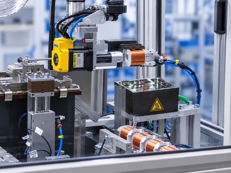 ULR - Zrobotyzowane stanowisko produkcyjne od NEOTECH www.neotech.pl/maszyny/ Automatyczne Gniazdo Wykończeniowe, Zrobotyzowane stanowisko produkcyjne Strefa pracy robota SCARA, podajników, topnikowania, cynowania i pomiaru Czteroosiowy robot SCARA Yamaha z chwytakiem pneumatycznym i silnikiem obrotowym na stanowisku roboczym ULR Stacja cynowania wysokotemperaturowego: Stacja cynowania cewek ULR z tyglem o pojemności 6400 g i mocy 1200 W, generującym temperaturę lutowania do 600 stopni Celsjusza Stacja taśmowania uzwojeń, wrapping: Moduł automatycznego taśmowania uzwojeń cewki z chwytakiem taśmy izolacyjnej, prowadnicą z regulacją szerokości oraz nożem tnącym. Stacja pomiaru elektrycznego, strefa QC: Stacja kontroli jakości cewek ze sprzęgami pomiarowymi sterowanymi pneumatycznie, zintegrowana z testerem elektrycznym Szafa sterownicza i pneumatyczna: Otwarta szafa sterownicza maszyny ULR-02 z zainstalowanym sterownikiem przemysłowym Omron PLC, modułami bezpieczeństwa i wyspą zaworową Panel operatorski HMI, ekran główny: Ekran dotykowy panelu HMI NEOTECH do obsługi, edycji parametrów technologicznych i diagnostyki pracy zrobotyzowanej maszyny ULR-02 W bezpiecznej, zamkniętej obudowie ochronnej z kolumną sygnalizacyjną i panelem HMI