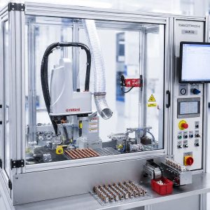 ULR - Zrobotyzowane stanowisko produkcyjne od NEOTECH www.neotech.pl/maszyny/ Automatyczne Gniazdo Wykończeniowe, Zrobotyzowane stanowisko produkcyjne Strefa pracy robota SCARA, podajników, topnikowania, cynowania i pomiaru Czteroosiowy robot SCARA Yamaha z chwytakiem pneumatycznym i silnikiem obrotowym na stanowisku roboczym ULR Stacja cynowania wysokotemperaturowego: Stacja cynowania cewek ULR z tyglem o pojemności 6400 g i mocy 1200 W, generującym temperaturę lutowania do 600 stopni Celsjusza Stacja taśmowania uzwojeń, wrapping: Moduł automatycznego taśmowania uzwojeń cewki z chwytakiem taśmy izolacyjnej, prowadnicą z regulacją szerokości oraz nożem tnącym. Stacja pomiaru elektrycznego, strefa QC: Stacja kontroli jakości cewek ze sprzęgami pomiarowymi sterowanymi pneumatycznie, zintegrowana z testerem elektrycznym Szafa sterownicza i pneumatyczna: Otwarta szafa sterownicza maszyny ULR-02 z zainstalowanym sterownikiem przemysłowym Omron PLC, modułami bezpieczeństwa i wyspą zaworową Panel operatorski HMI, ekran główny: Ekran dotykowy panelu HMI NEOTECH do obsługi, edycji parametrów technologicznych i diagnostyki pracy zrobotyzowanej maszyny ULR-02 W bezpiecznej, zamkniętej obudowie ochronnej z kolumną sygnalizacyjną i panelem HMI